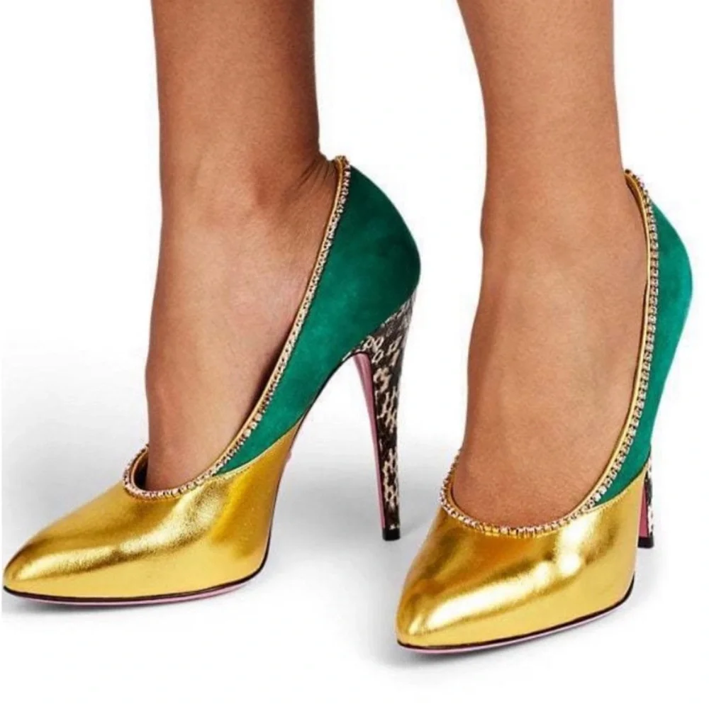 Gucci Metallic Nappa Kid Scamosciato Elaphe Snakeskin Pumps in Emerald Roccia - Picture 9 of 10